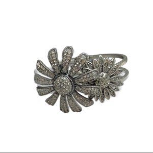 Vtg Fossil Crystal Daisy Hinged Cuff Bracelet